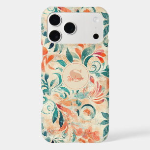 Motif floral feuilles bleues et rouge-orange rusti