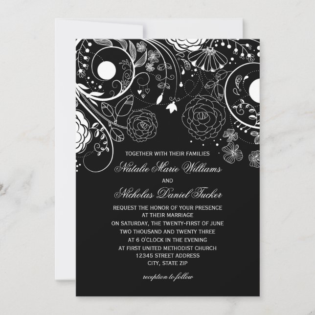 Motif floral noir/blanc - Faire-part de mariage (Devant)