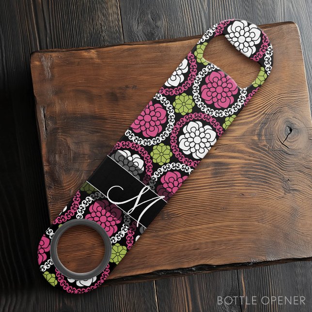 Motif floral tendance Hot rose et noir Monogramme (Custom Bar Key)