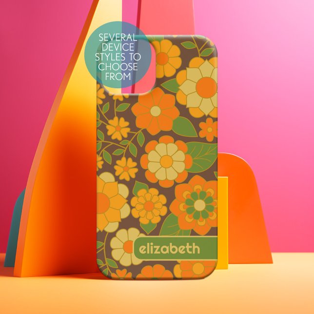 Motif floral tendance rétro avec bloc de nom (Personalized Phone Case)