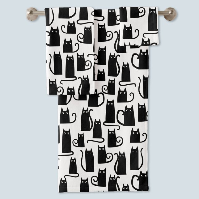 Motif Fun Chat Noir et Blanc (Black cat pattern monochrome black and white fun bath hand and face towel set)
