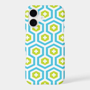 Motif géométrique bleu vert hexagone et croix