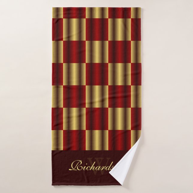 Motif Géométrique Carré Or Et Bourgogne (Serviette de bain)