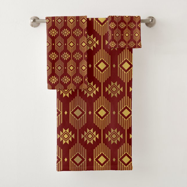 Motif géométrique de l'ikat ethnique rouge et or (En situation)