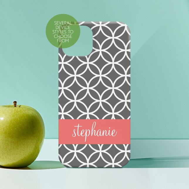 Motif géométrique gris et blanc avec nom personnal (Personalized Phone Case with Custom Text)
