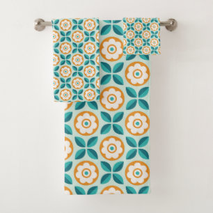 Motif géométrique rétro Turquoise Aqua Orange Flor
