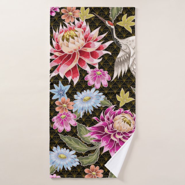 Motif japonais avec fleurs et grues blanches (Serviette de bain)