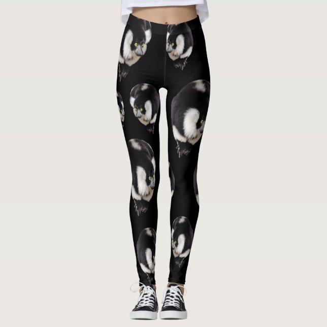Motif Lémurien Noir Blanc Plein Impression Legging (Devant)