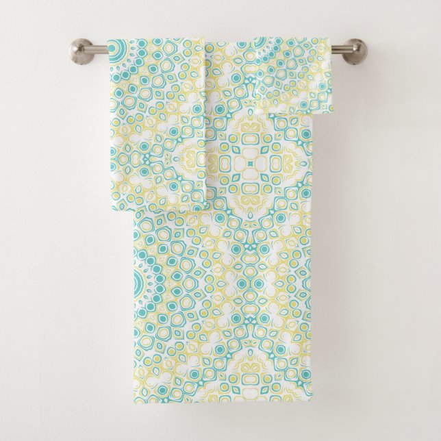 Motif Mandala géométrique turquoise et jaune (En situation)