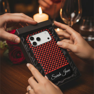 Motif moderne à pois rouges sur fond noir avec nom
