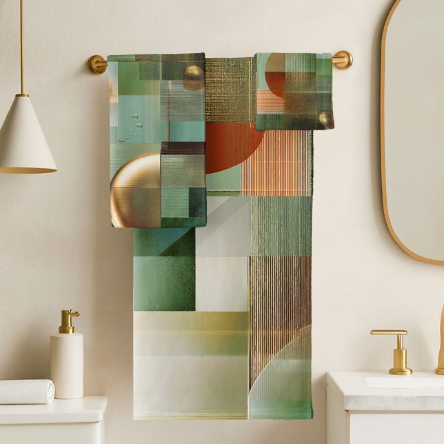 Motif Moderne Abstrait Vert Sarcelle Or (Bath towel set featuring a modern abstract design in green, teal and gold)