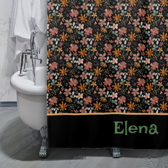 Motif orange fleur sauvage noir rideau de douche (Créateur téléchargé)