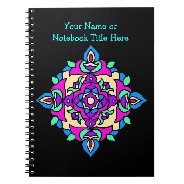 Motif Rangoli de Carnet Spiral Noir Personnalisabl (Devant)