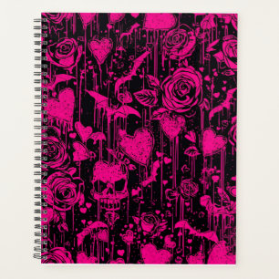 Motif Roses gothiques et crânes rose vif
