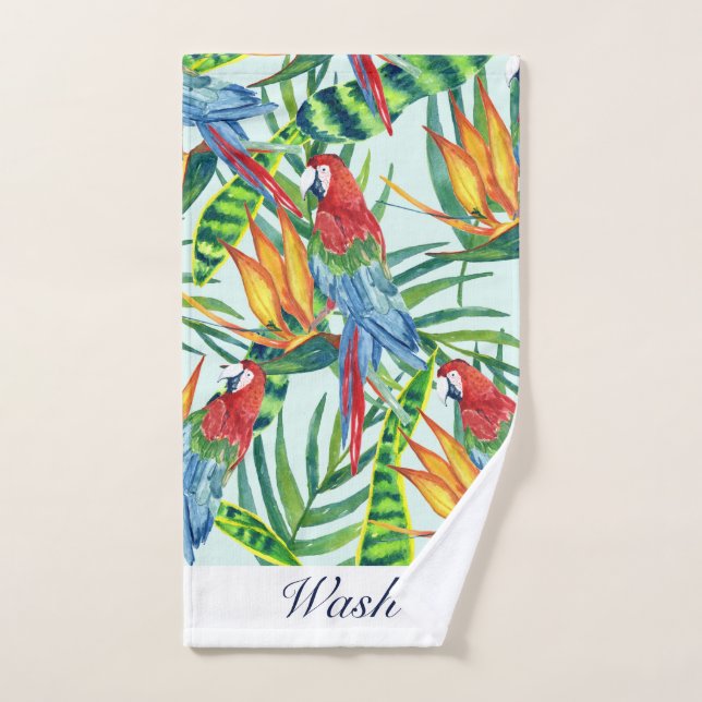 Motif tropical avec perroquets, feuilles et fleurs (Serviette à main)