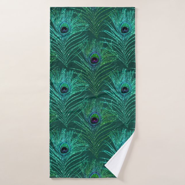 Motif vert en plumes de paon d'oiseau paon (Serviette de bain)