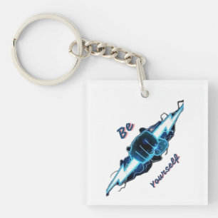 Motivational "Be Yourself" Blue Lightning Bolt Fis Keychain