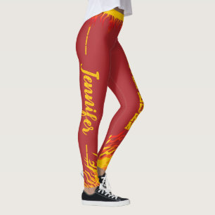 Motivational Flames with Name YELLOW Script on RED Leggings