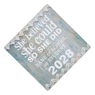 Motivational Inspiration White Lace Blue Barnwood Graduation Cap Topper