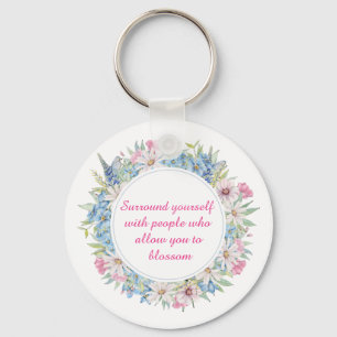 Motivational Pink White Blue Floral Wreath Keychain