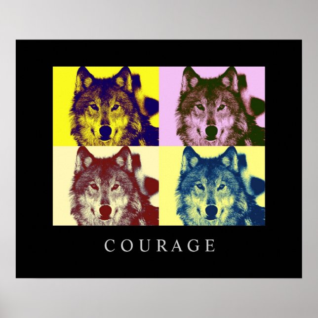 Motivational Pop Art Courage Wolf Poster Imprimer (Devant)