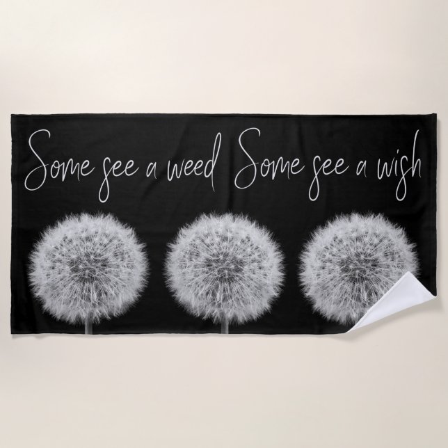 Motivational quote dandelions floral black & white beach towel (Front)