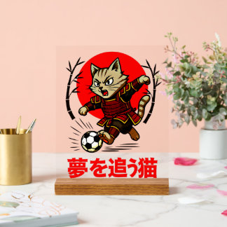 Motivational Samurai Cat Soccer Wall Art for Kids Acrylic Sign