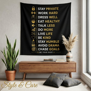 Motivational Success Quotes Black Gold Typography Tapestry