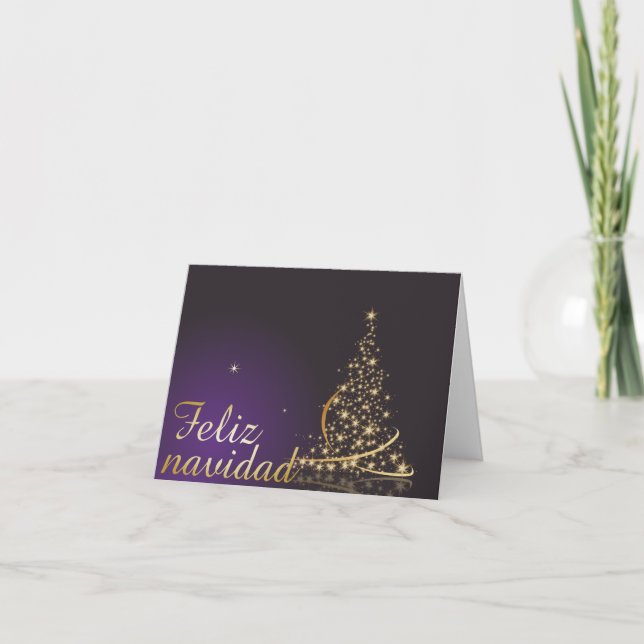 Motivo navideño morado oscuro con dorado árbol de card (Front)