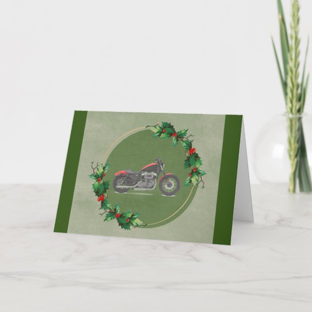 Moto rouge en verte couronne carte de Noël (Devant)