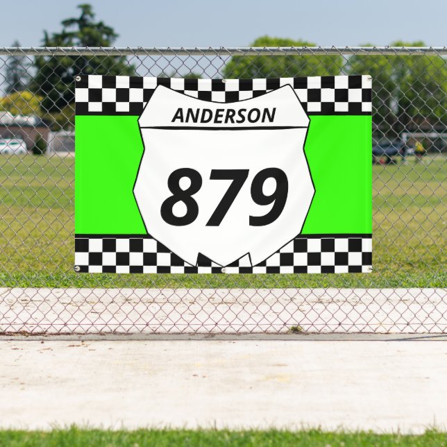 Motocross Custom Dirt Bike Number Plate on Green Banner (Insitu)