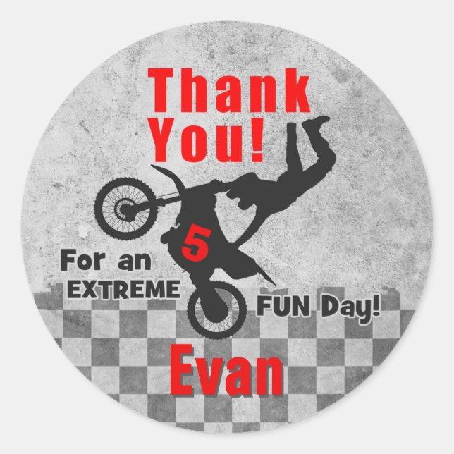 Motocross Dirt Bike Birthday Thank You Stickers (Front)