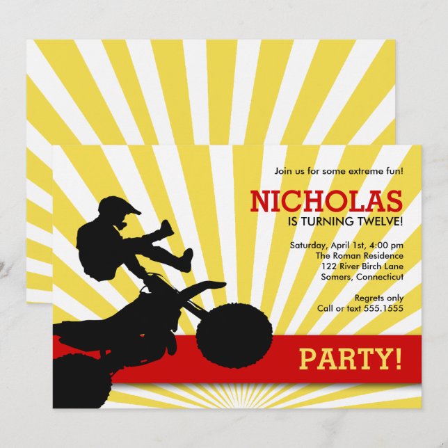 Motocross Dirtbike Invitation, Yellow and Red Invitation (Front/Back)