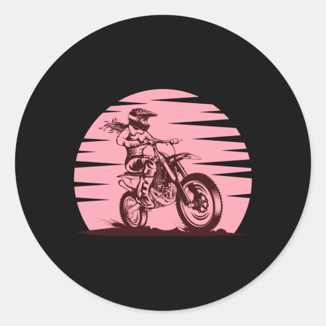 Motocross Girl Retro Vintage Pink Classic Round Sticker (Front)