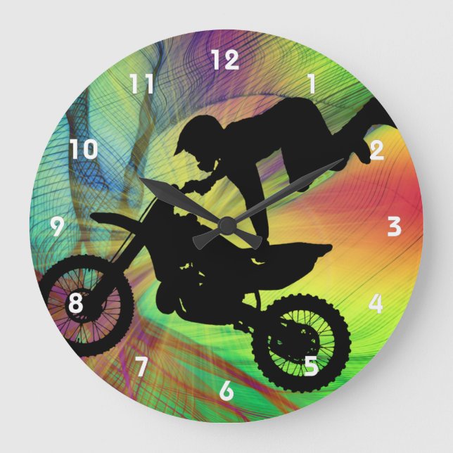Motocross in Psychedelic Spider Web Large Clock (Front)