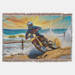 Motocross Racer at Beach Race Throw Blanket