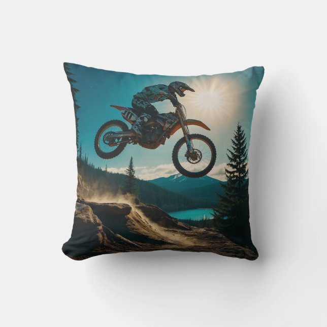 Motocross Racer at Spirit Lake Throw Pillow (Front)