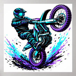 Motocross Rider Doing Wheelie in Vibrant Motion  Poster