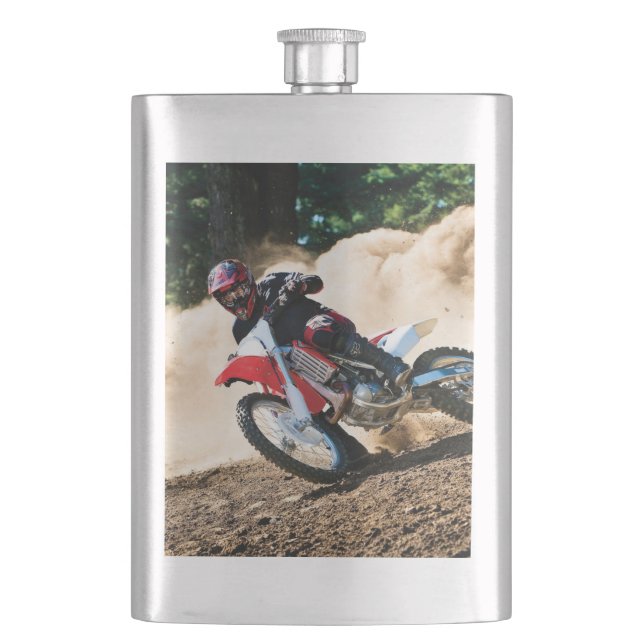 Motocross rider throw pillow hip flask (Front)
