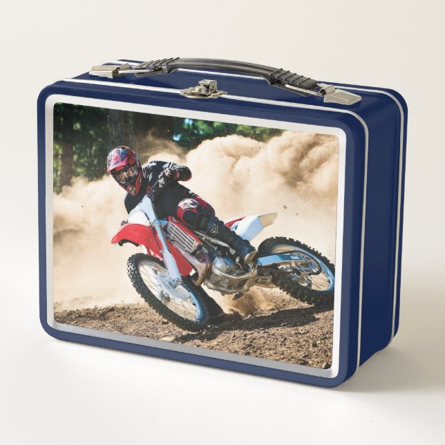 Motocross rider throw pillow metal lunch box (Front)