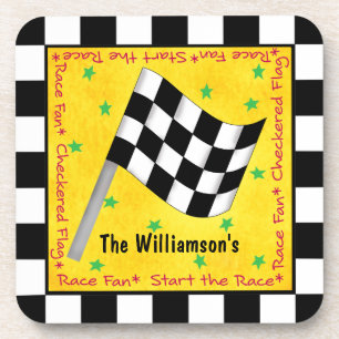 Motor Race Fan Chequered Flag Name Personalized Coaster