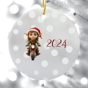 Motorbike Christmas Elf Ceramic Ornament