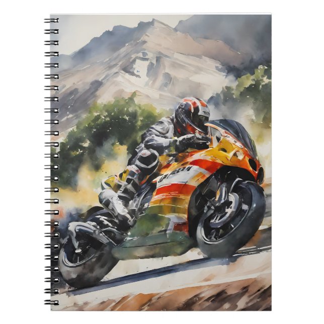 Motorbike cornering up a mountainside notebook (Front)