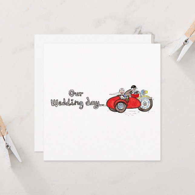 Motorbike & Sidecar Wedding  Invitation (Front/Back In Situ)
