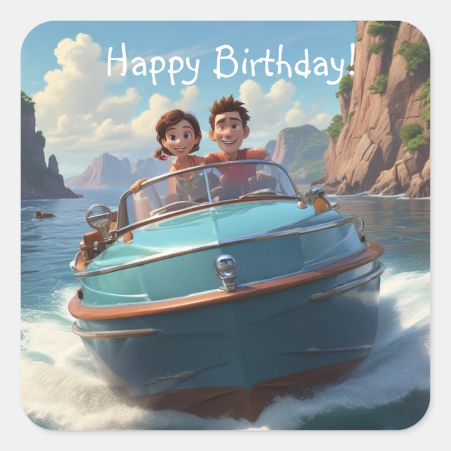 Motorboat Birthday Square Sticker (Front)