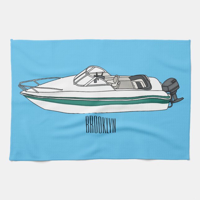 Motorboat cartoon illustration  kitchen towel (Horizontal)