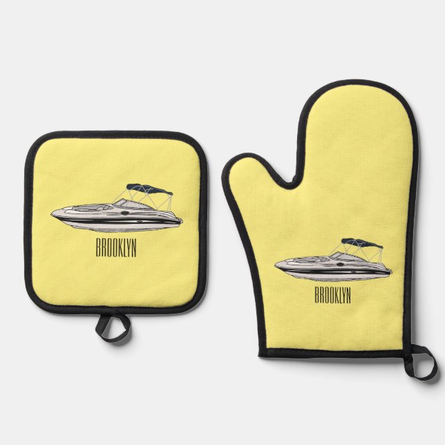 Motorboat cartoon illustration oven mitt & pot holder set (Front)