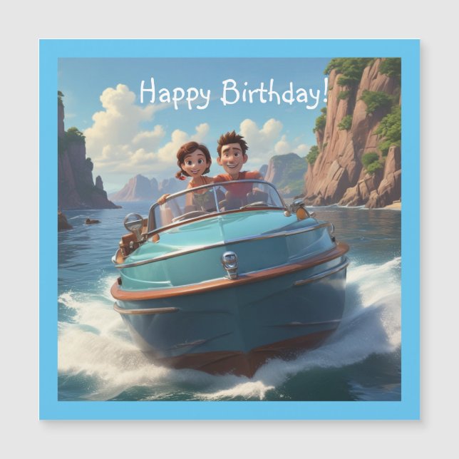 Motorboat Magnetic Birthday Card (Front)
