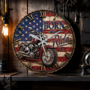 Motorcycle American Flag Biker Decor Large Clock