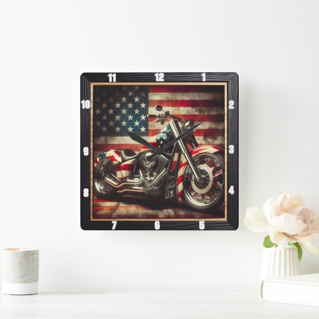 Motorcycle American Flag Patriotic  Square Wall Clock (Home)